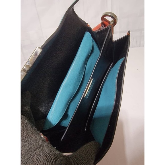 Authentic Prada Saffiano Sound Lock Pochette Shoulder Bag Orange/Blue - Picture 15 of 16